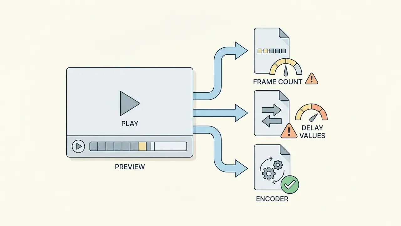 Video preview window pointing to icons for frame count, delay values, and encoder settings