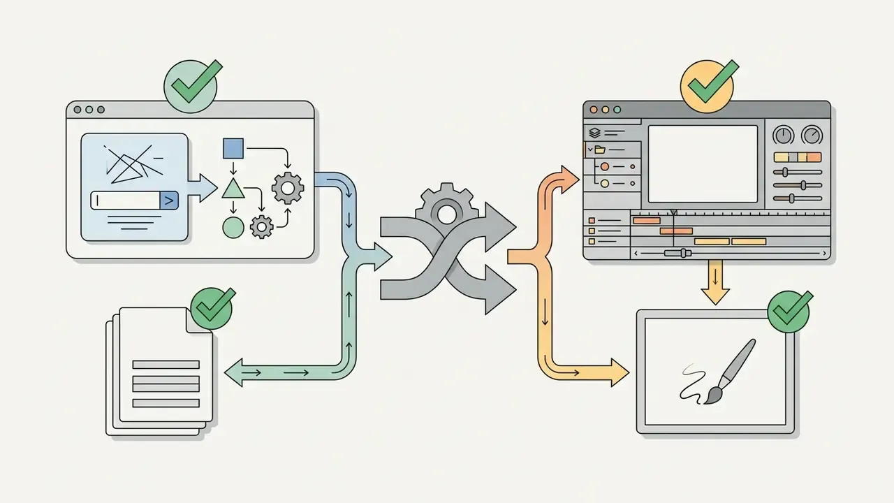Software interfaces and documents converging through a central gear to feed into animation and drawing tools