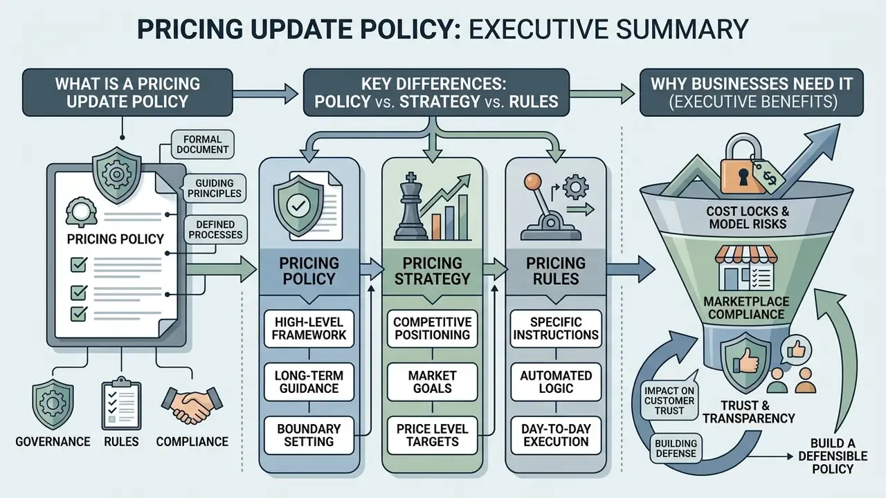 Infographic flowchart defining a Pricing Update Policy through its strategies, rules, and business benefits