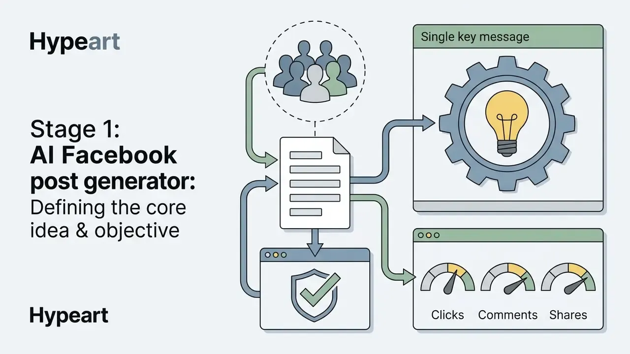 Flowchart showing inputs for target audience, message, and goal metrics to define a social content strategy