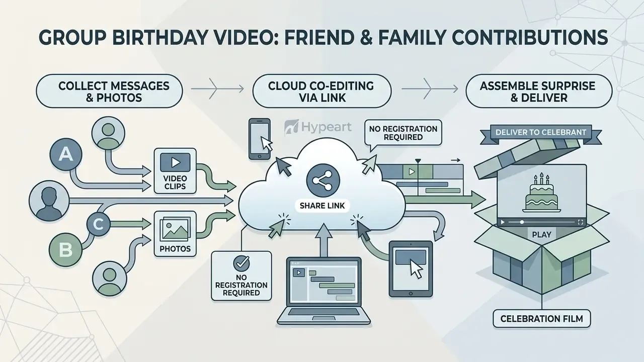 Process flow showing collection of media, cloud co-editing, and final delivery of a surprise gift film