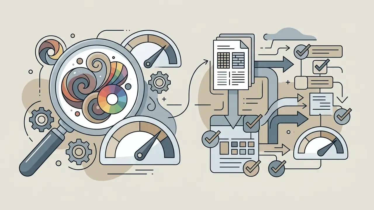 Magnifying glass examining artistic swirls next to a structured document processing workflow with checkmarks