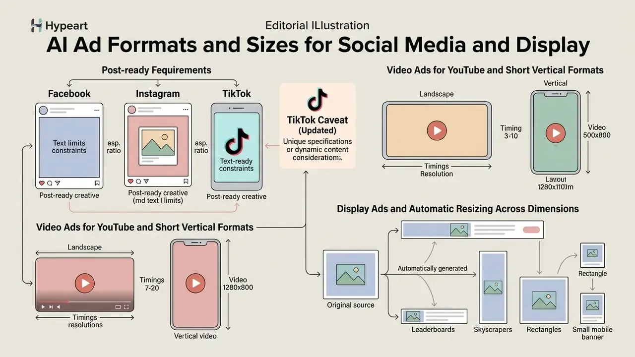 Infographic comparing technical requirements for social media posts, video ads, and display dimensions