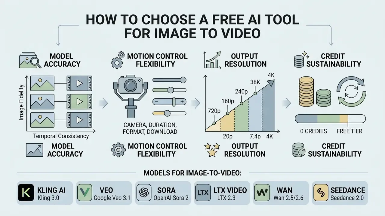 Comparison infographic highlighting four key factors for evaluating free AI tools for image to video