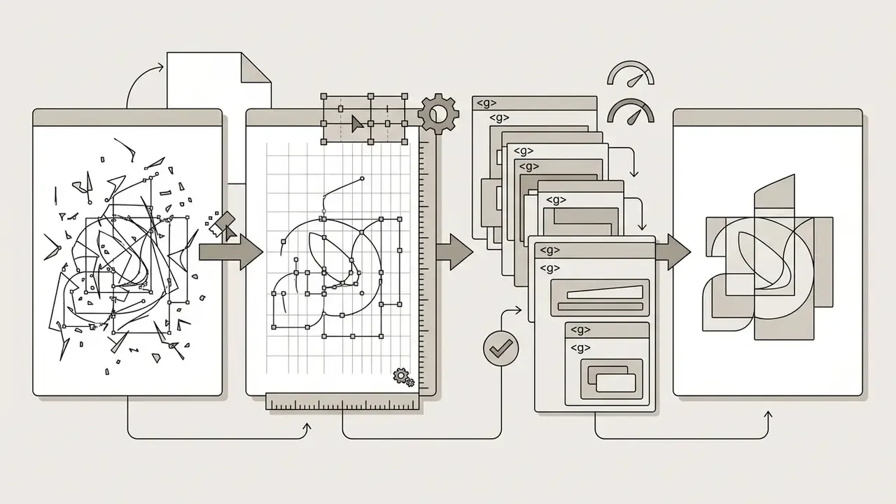 Diagram showing vector cleanup tools erasing stray fragments, snapping nodes to a grid, and layering groups