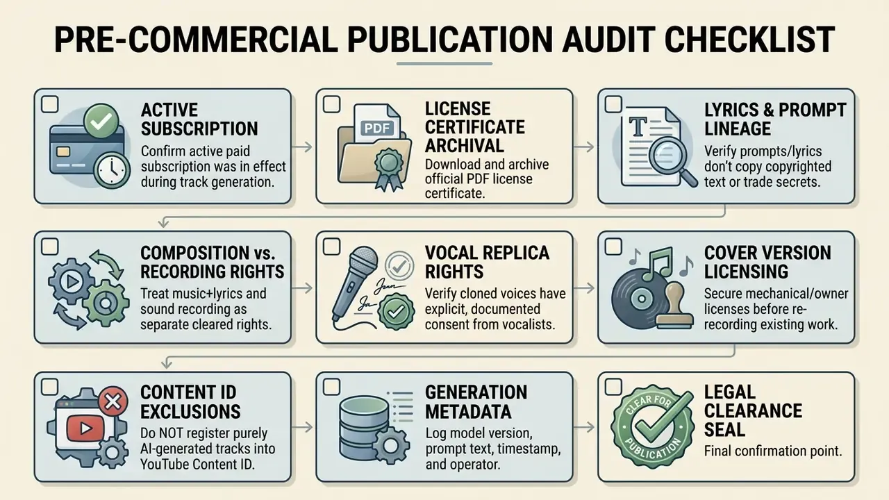 Checklist of nine sequential steps for verifying legal compliance before publishing generated music