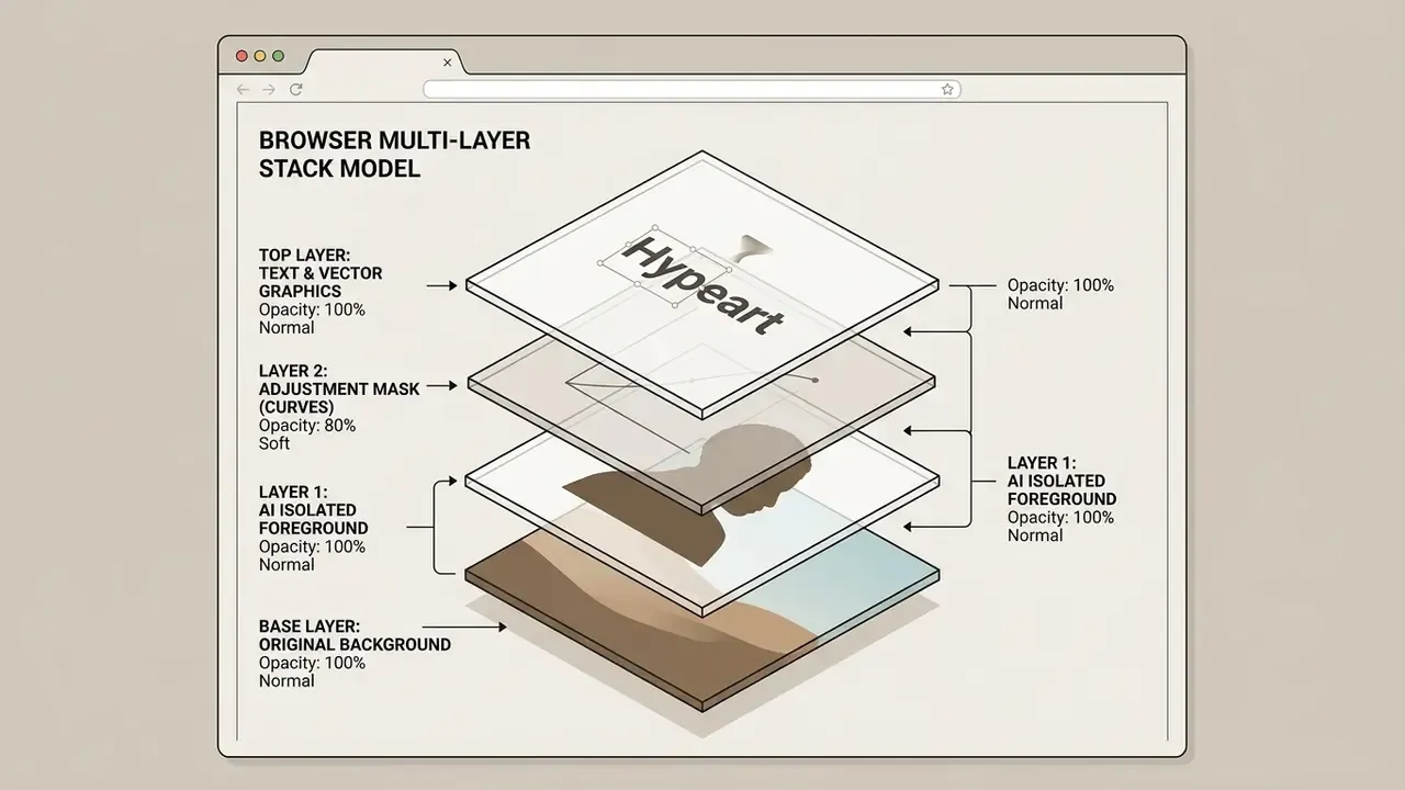 Diagram of a multi-layer stack model showing text, adjustment masks, and isolated foreground elements