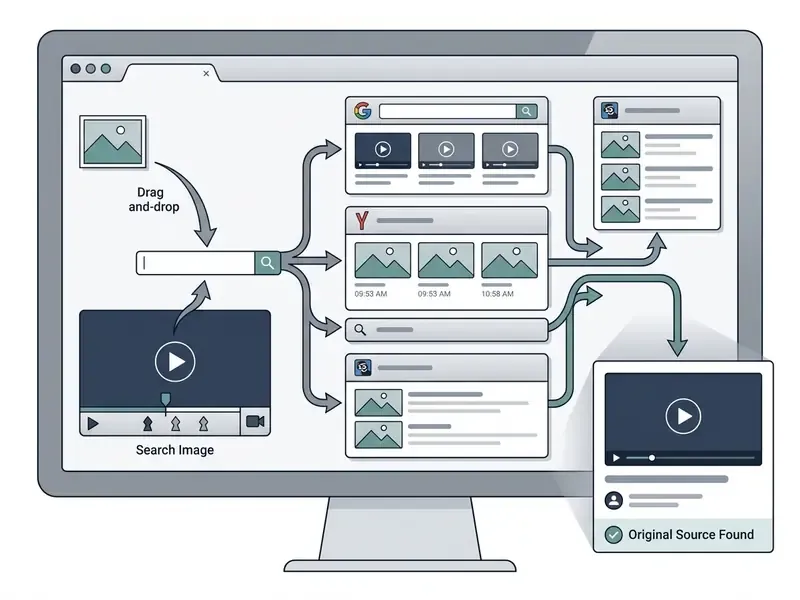 Diagram showing the desktop workflow of dragging a screenshot into a search bar to find video sources