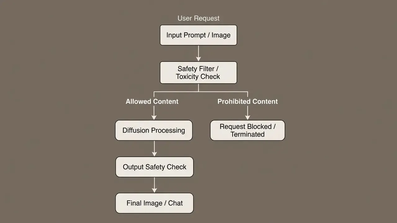 Step-by-step process showing how user requests are filtered for safety before content generation