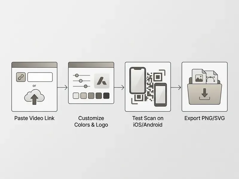 Four sequential steps for a video QR code generator showing link input, customization, testing, and export