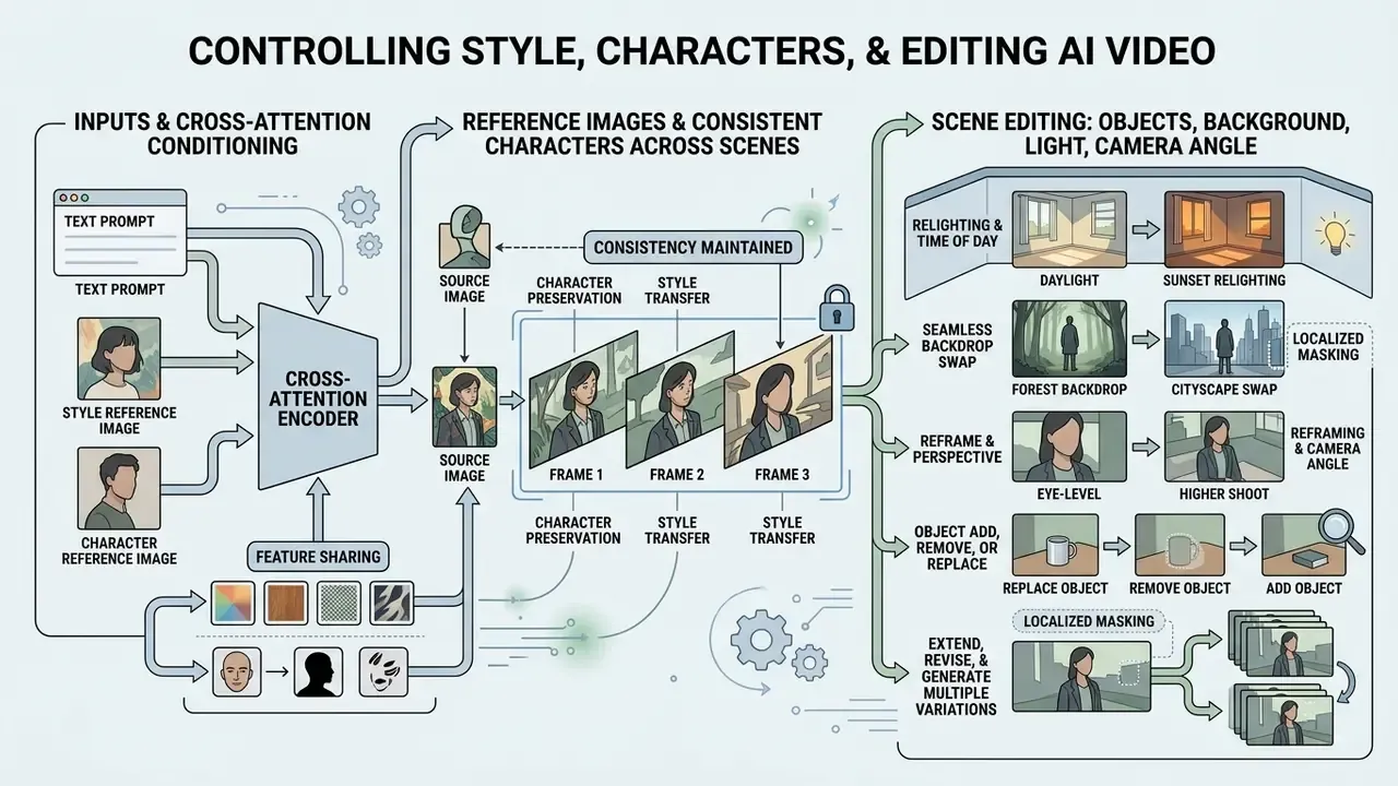 Diagram showing cross-attention conditioning for character consistency and scene editing techniques