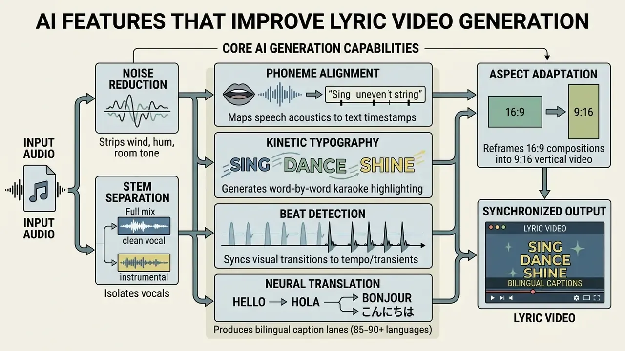 Technical schematic showing how AI processes audio input through noise reduction and stem separation