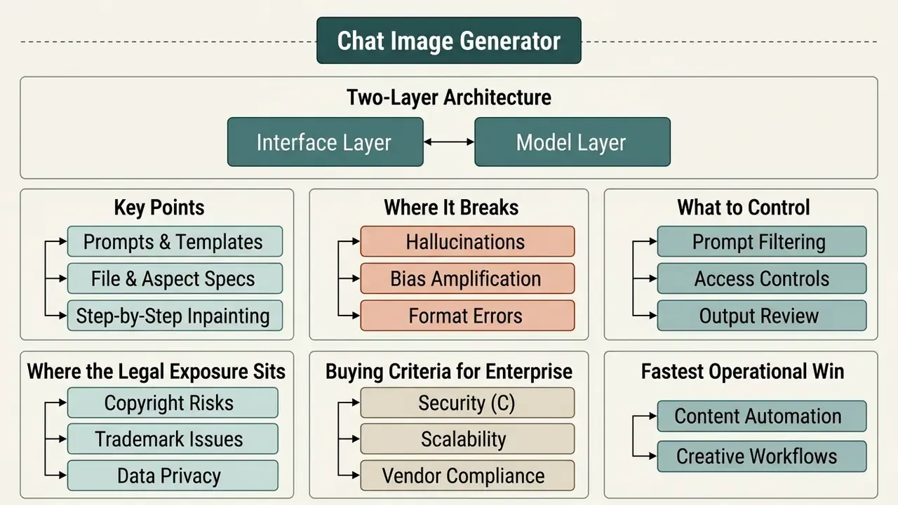 Infographic showing the two-layer architecture, risks, and operational considerations of a chat AI image generator