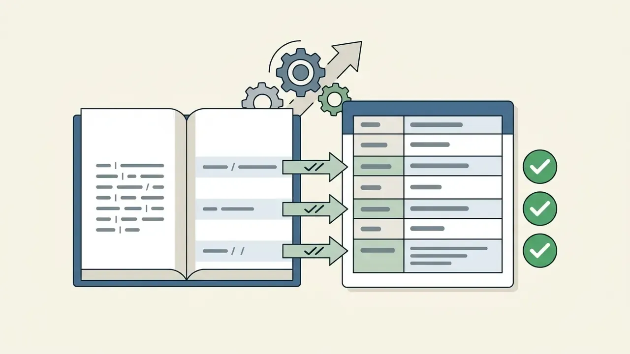 Open book with text lines transferring data to a table with green checkmarks and mechanical gears above