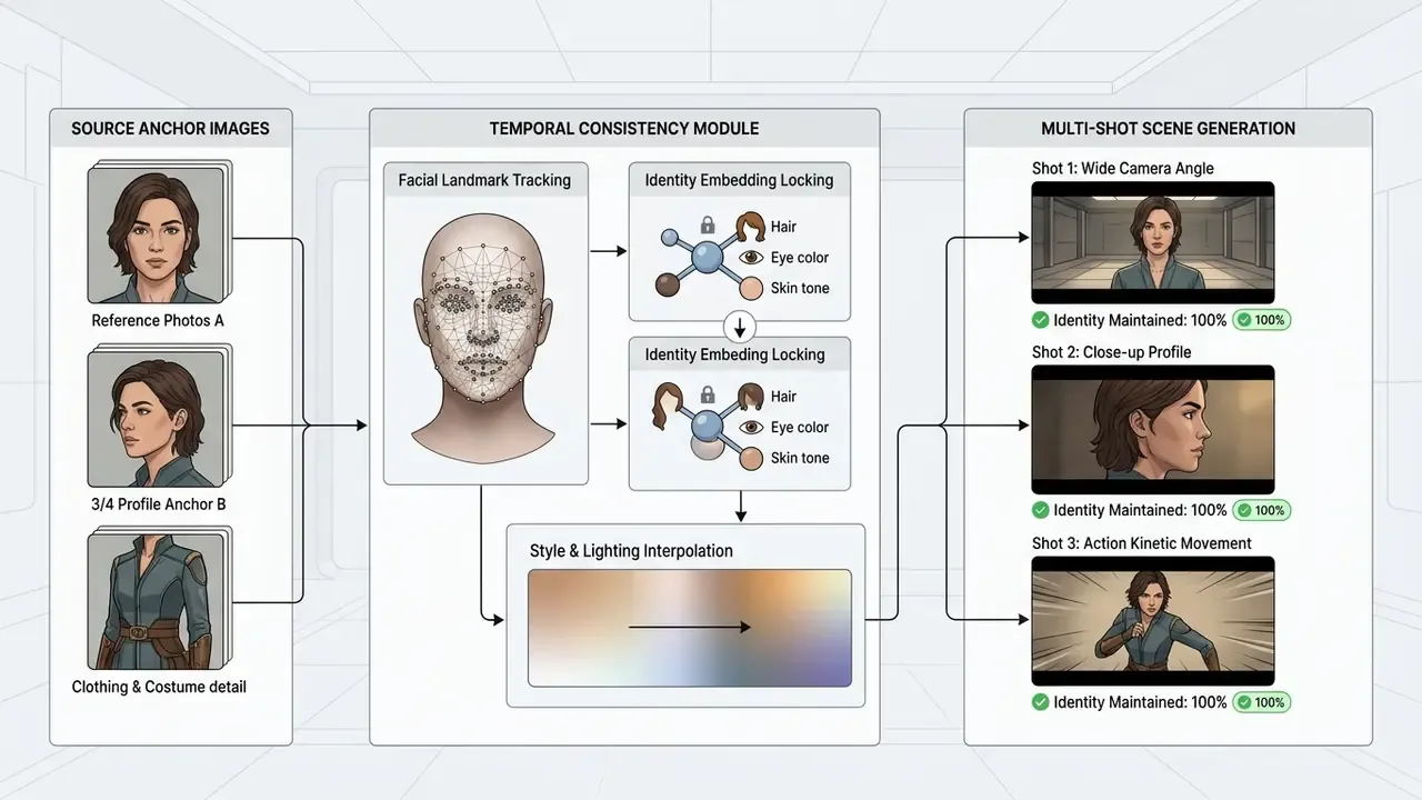 Process diagram showing character anchor mapping for consistent multi-shot video generation