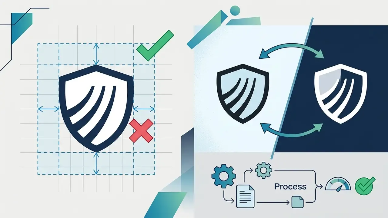 Grid layout for a shield icon alongside a color inversion cycle and a workflow process indicator