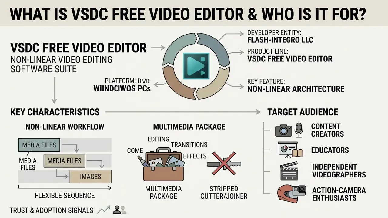Infographic detailing VSDC Free Video Editor features, non-linear workflow, and target user groups