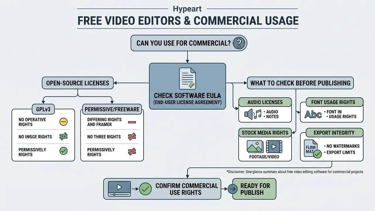 Flowchart outlining steps to verify commercial usage rights for free video editing software