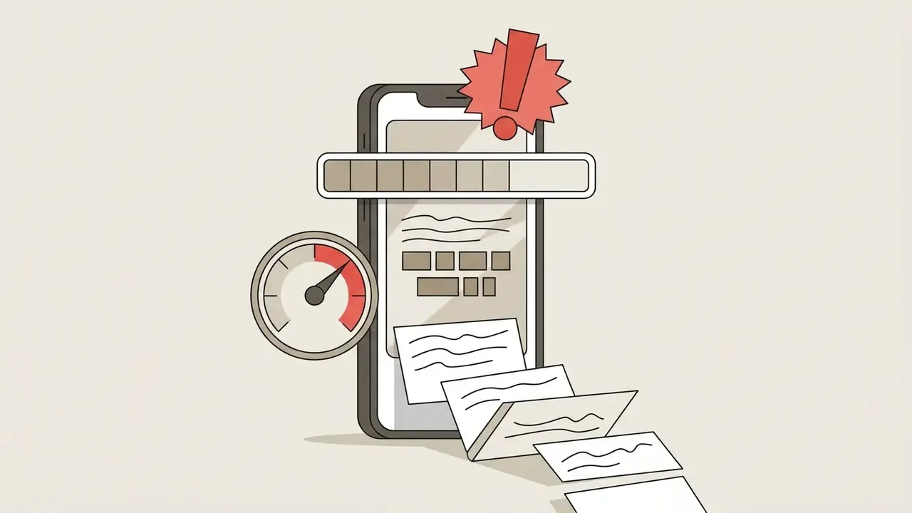 Phone screen with a loading bar, speed gauge, and an exclamation mark icon above text blocks