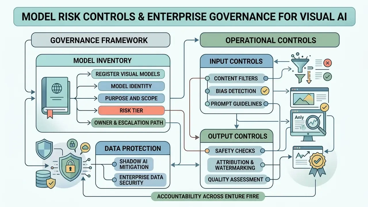Structured diagram outlining organizational governance and operational risk controls for visual AI systems