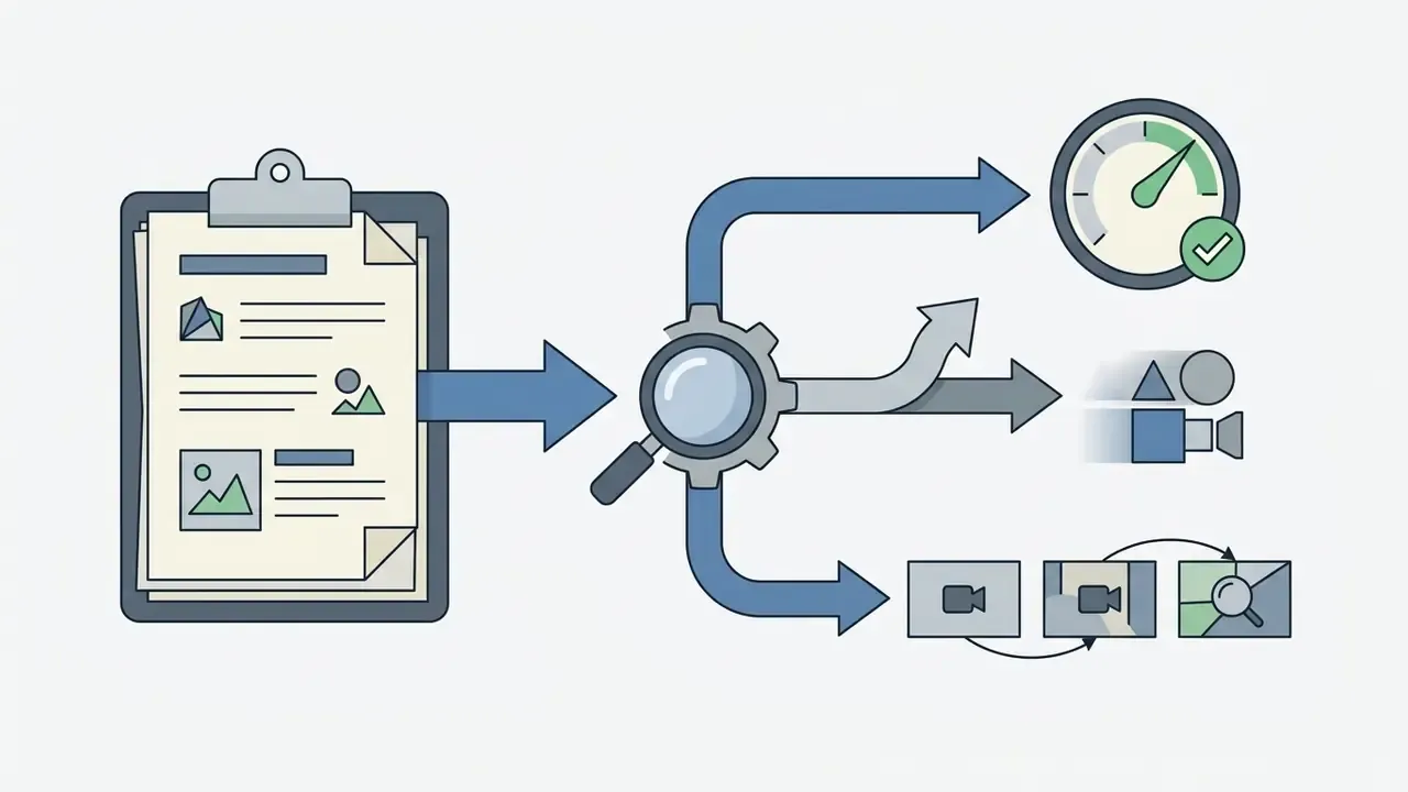 Clipboard with image prompts feeding into a magnifying glass gear that outputs performance and video data