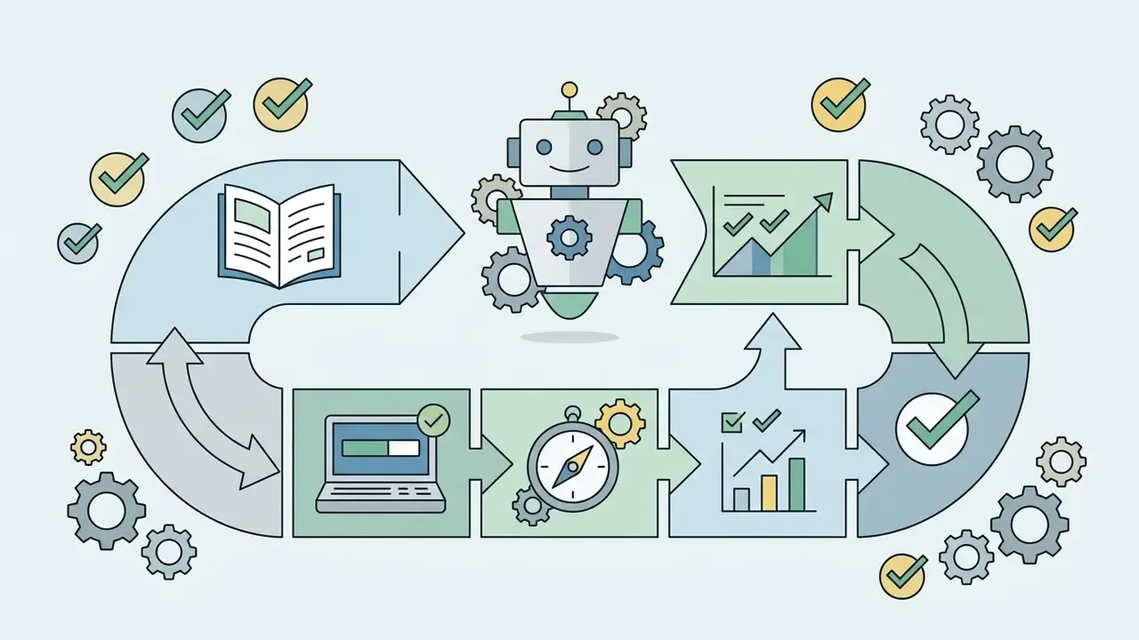 Robot icon overseeing a circular workflow of training modules, progress tracking, and performance analytics