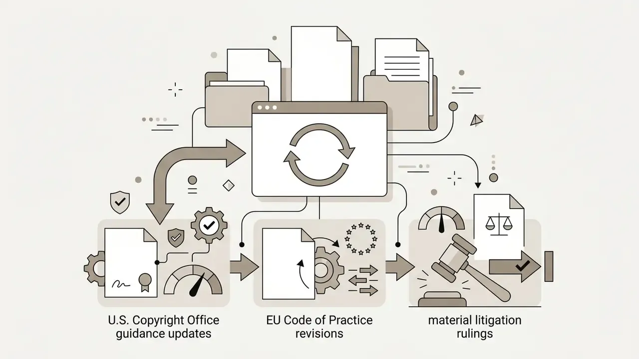 Central processing window routing legal documents through compliance gauges and judicial review symbols