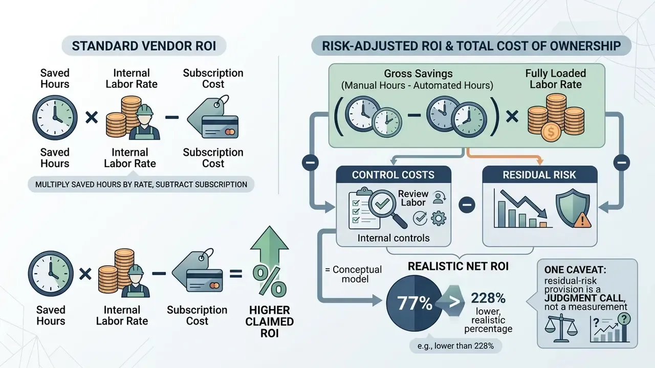 Comparison of standard vendor ROI math versus a risk-adjusted model incorporating control costs and risk