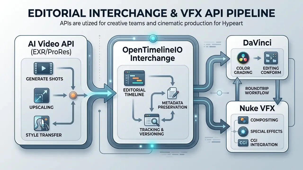 Process map showing AI video API data moving through OpenTimelineIO to DaVinci and Nuke VFX software