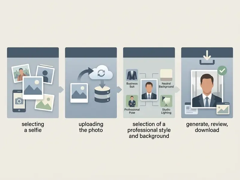 Four step flowchart showing how to use an AI LinkedIn photo generator to create a professional headshot