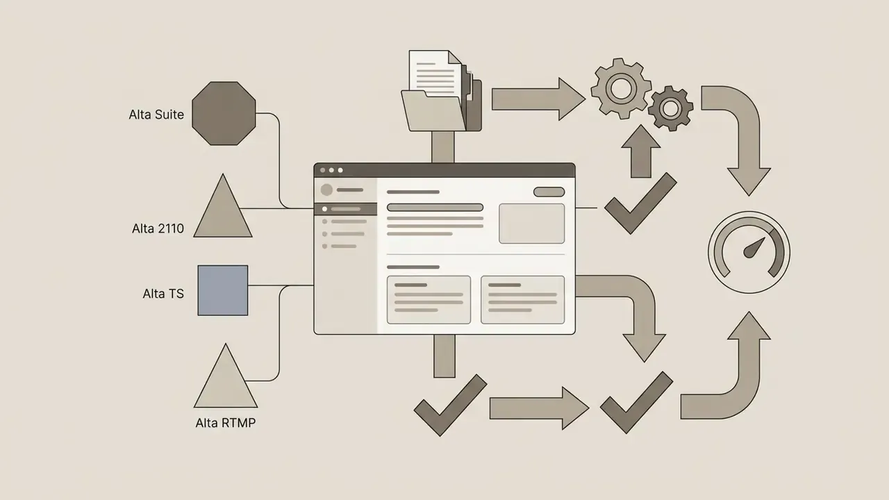 Alta software inputs connecting to a central dashboard that processes data through gears and status checks