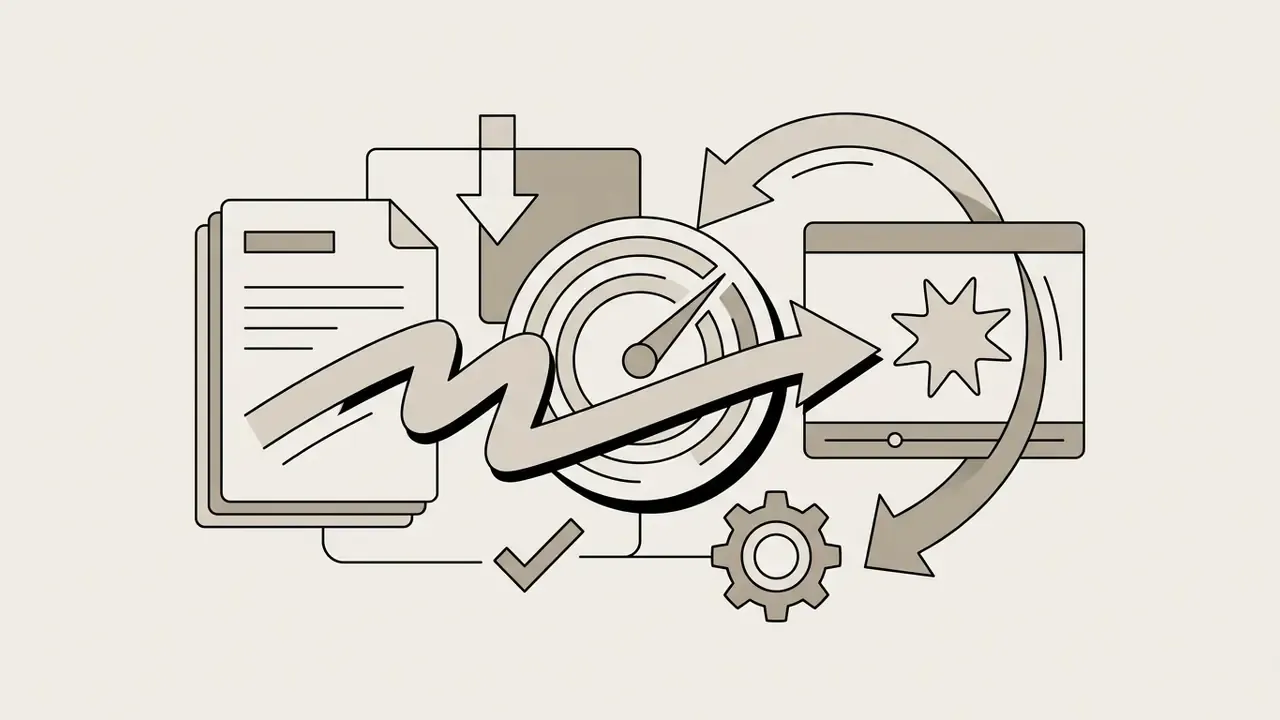Document and video player icons linked by a speedometer and a wavy arrow indicating accelerated motion