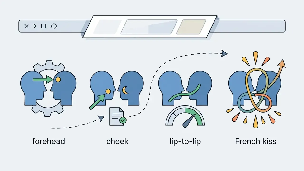 Browser interface showing icons for forehead, cheek, lip-to-lip, and French kiss intensity gradations
