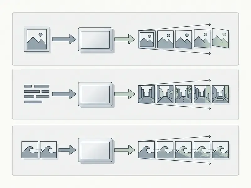 Flowchart comparing inputs like static images, text, and sequences to generate output video frames