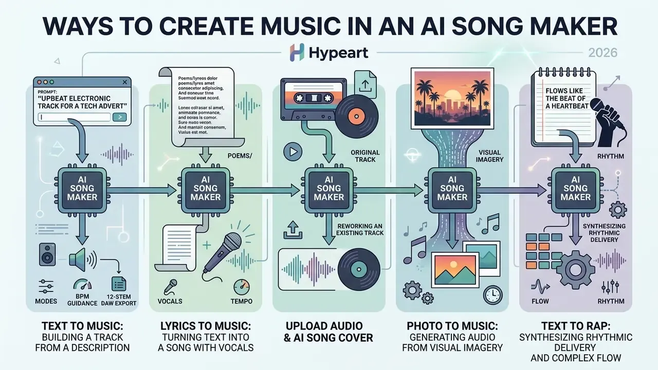 Five distinct workflows showing how text, lyrics, audio, and photos are processed into musical tracks