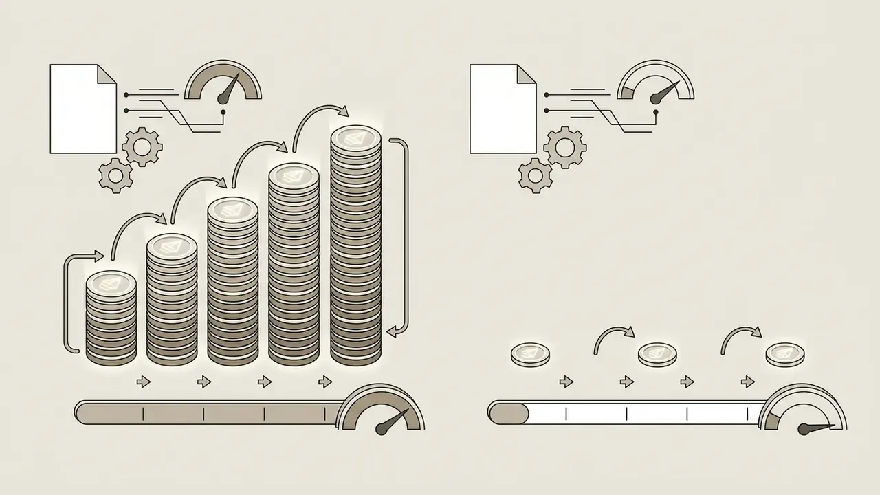 Two sets of icons showing high stacks of coins versus low stacks of coins with speedometers and gears