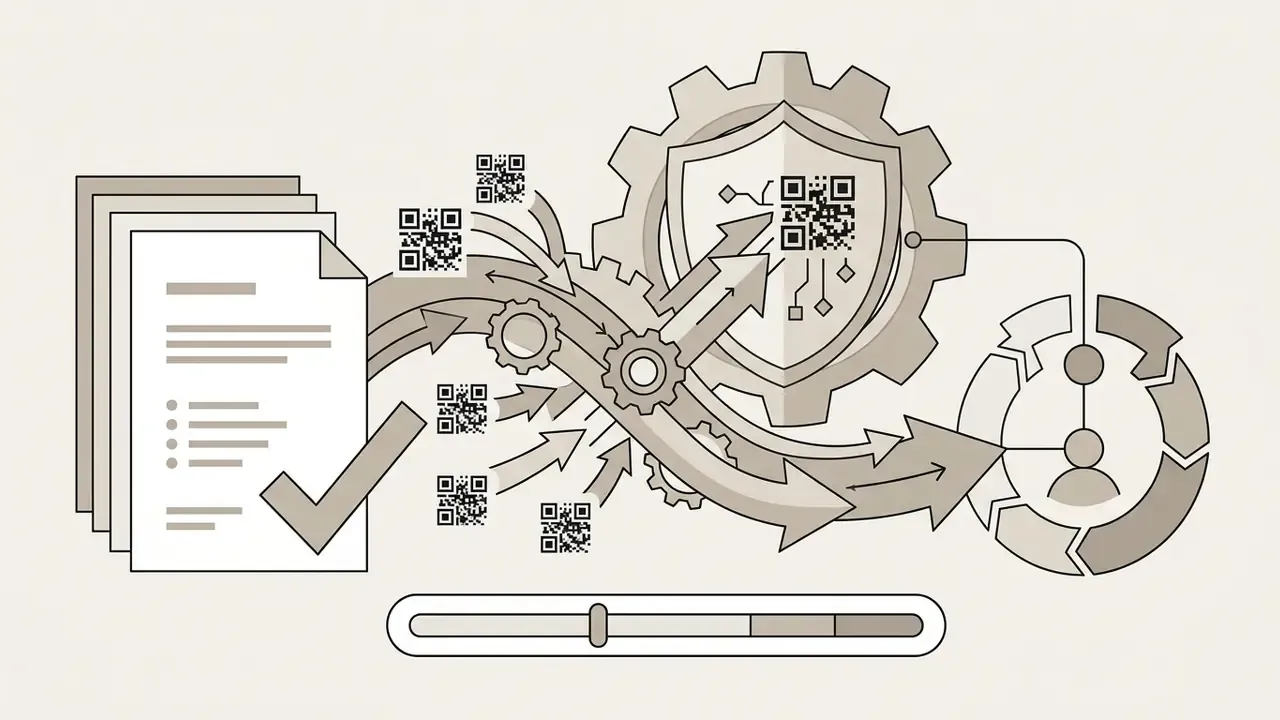 Documents with checkmarks feeding QR codes through gears into a shield and a circular user tracking loop