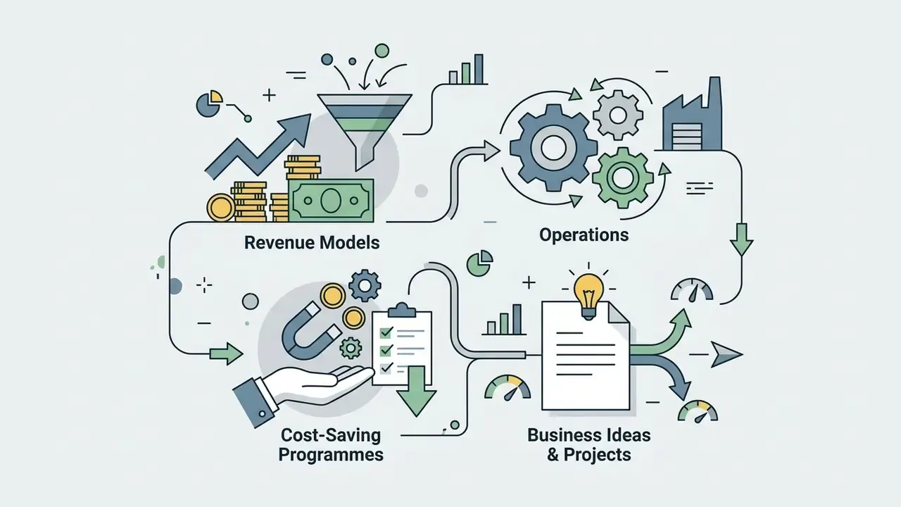 Diagram connecting revenue models, operations, and cost-saving programmes to generate business projects