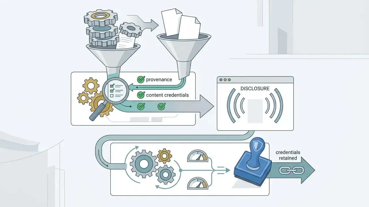 Gears and funnels processing documents into a disclosure window and a stamped credentials verification path