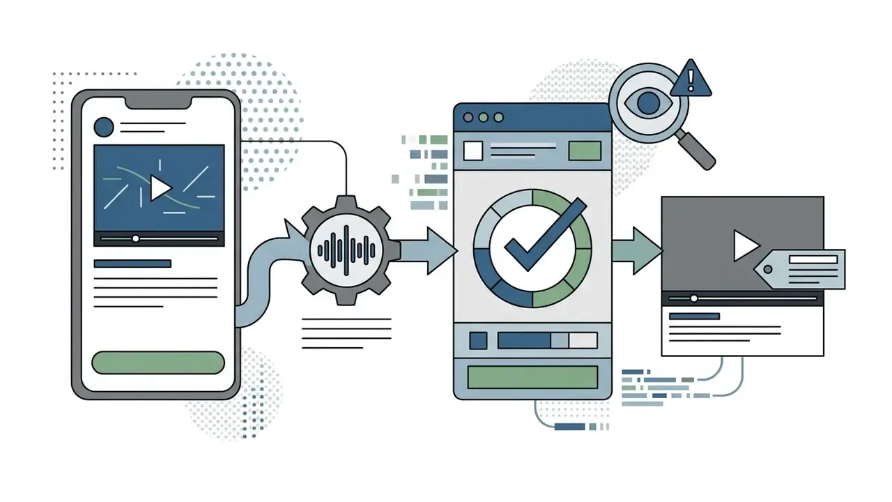 Smartphone app interface feeding audio into a verification screen with a tag icon for content labeling