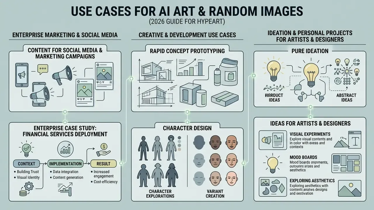 Infographic showing diverse professional applications for an AI art generator in business and creative fields