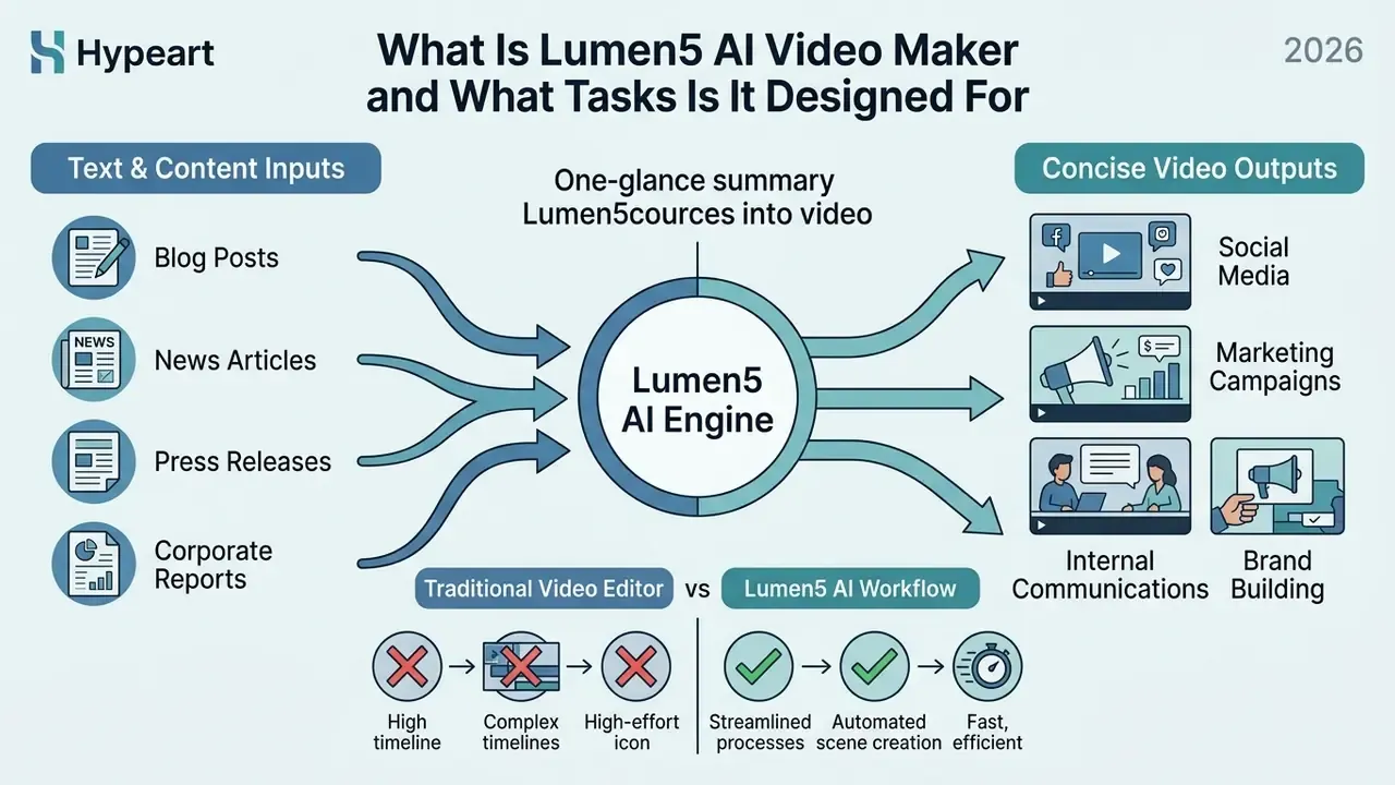 Infographic showing how the Lumen5 AI engine converts text inputs into concise video outputs for various uses