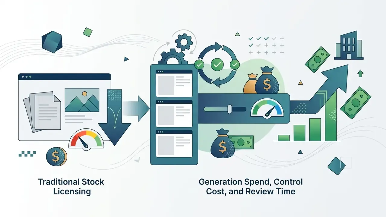Comparison of traditional stock licensing costs versus automated media pipeline generation and review time