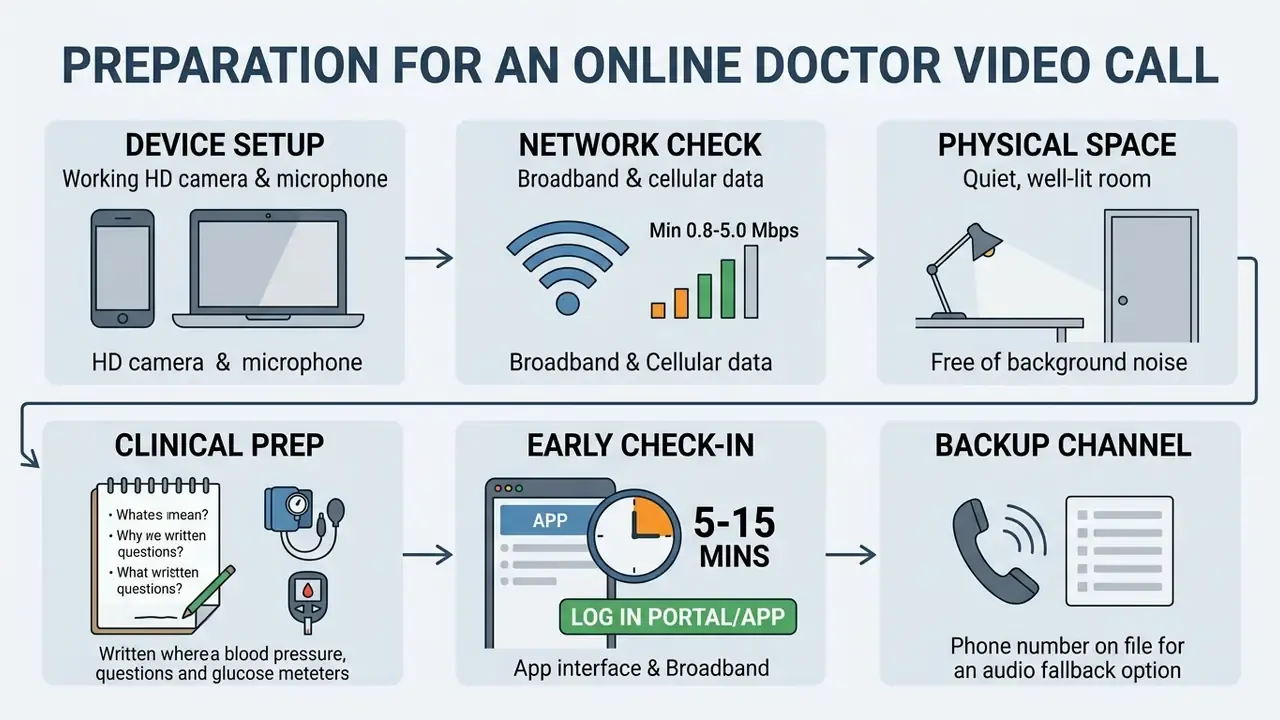 Sequential steps for an online doctor video consultation covering device, network, space, and clinical prep