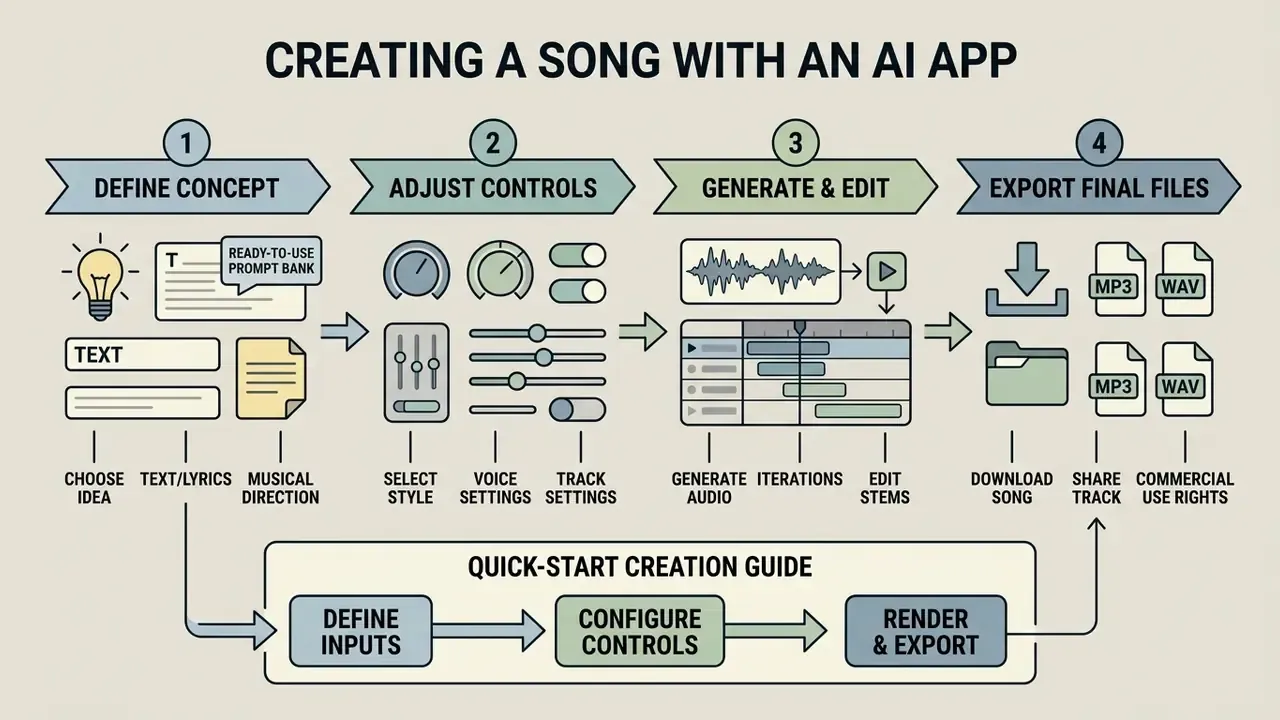 Step-by-step guide showing the workflow from defining concepts and adjusting controls to audio export