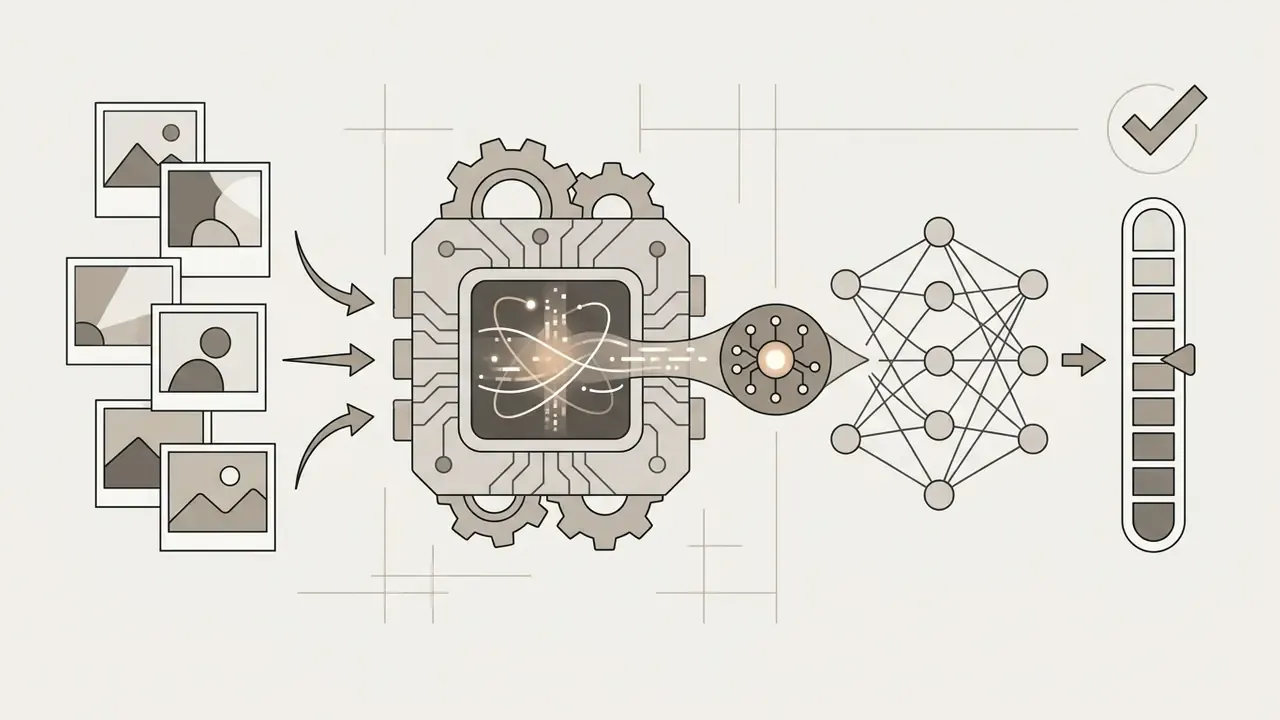 Multiple photo inputs feeding into a central processing chip connected to a neural network and progress bar