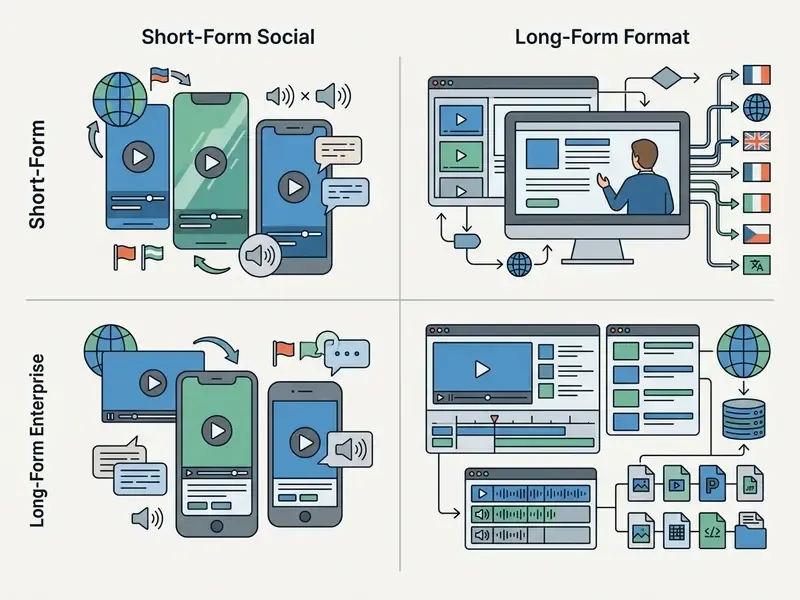 Matrix comparing content localization workflows for short-form social media and long-form enterprise video