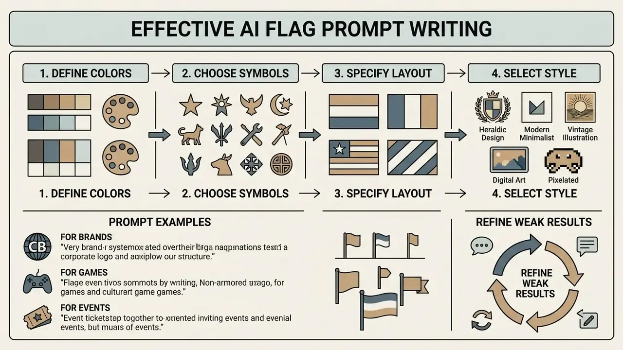 Diagram detailing four steps to write an AI flag generator prompt with examples and refinement tips