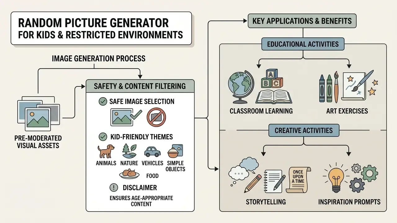 Infographic showing how pre-moderated visual assets support educational and creative tasks for children