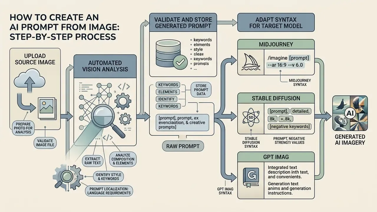 Visual guide outlining steps to transform uploaded photos into structured text for various AI models